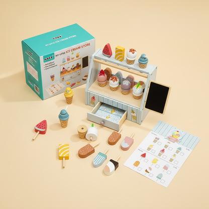 Toy ice cream store set with accessories on a beige background
