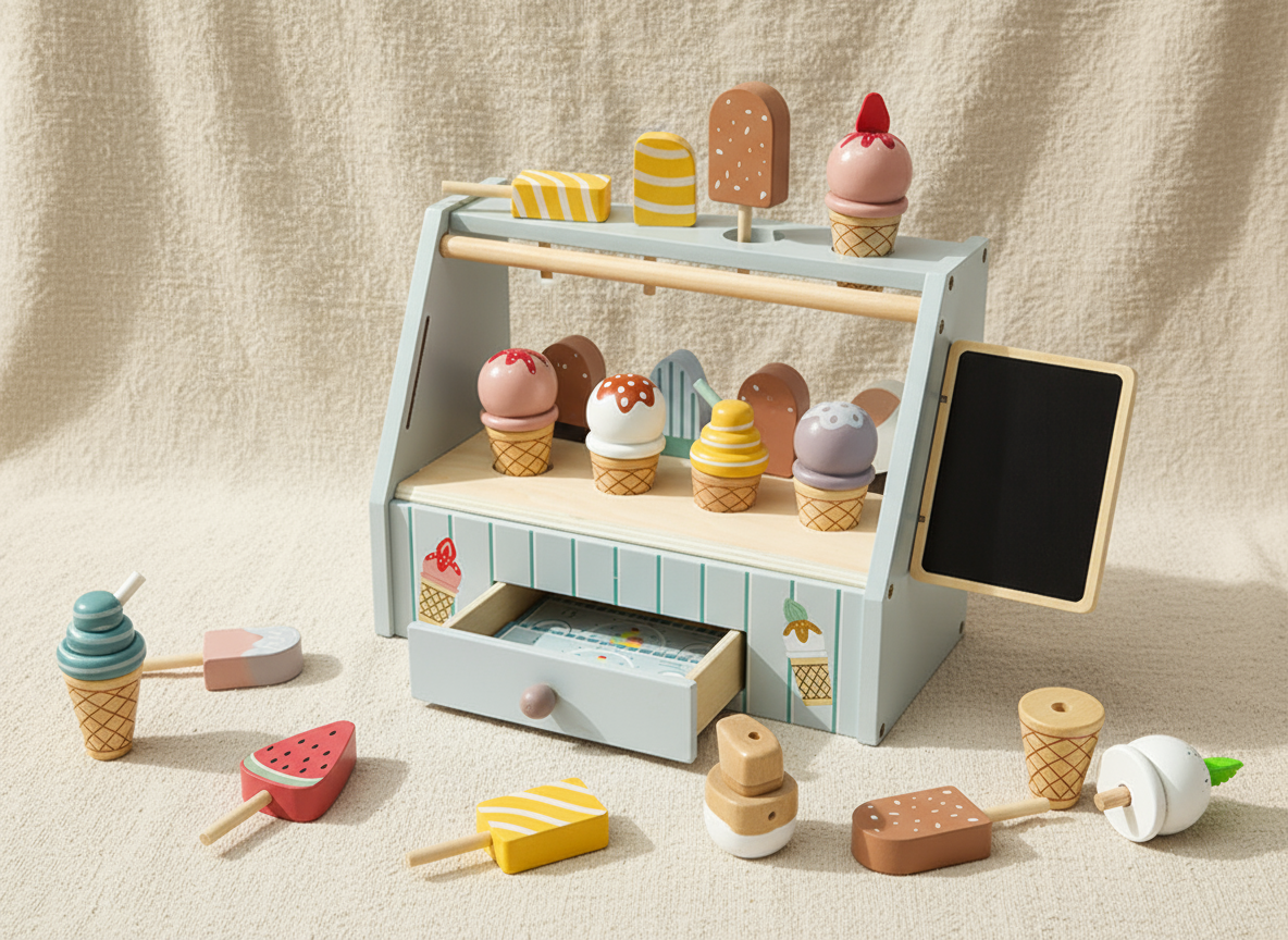 Wooden toy ice cream stand with various ice cream cones and accessories on a neutral background