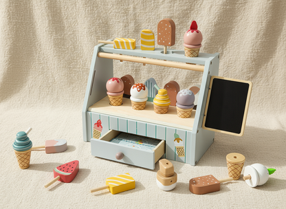 Wooden toy ice cream stand with various ice cream cones and accessories on a neutral background