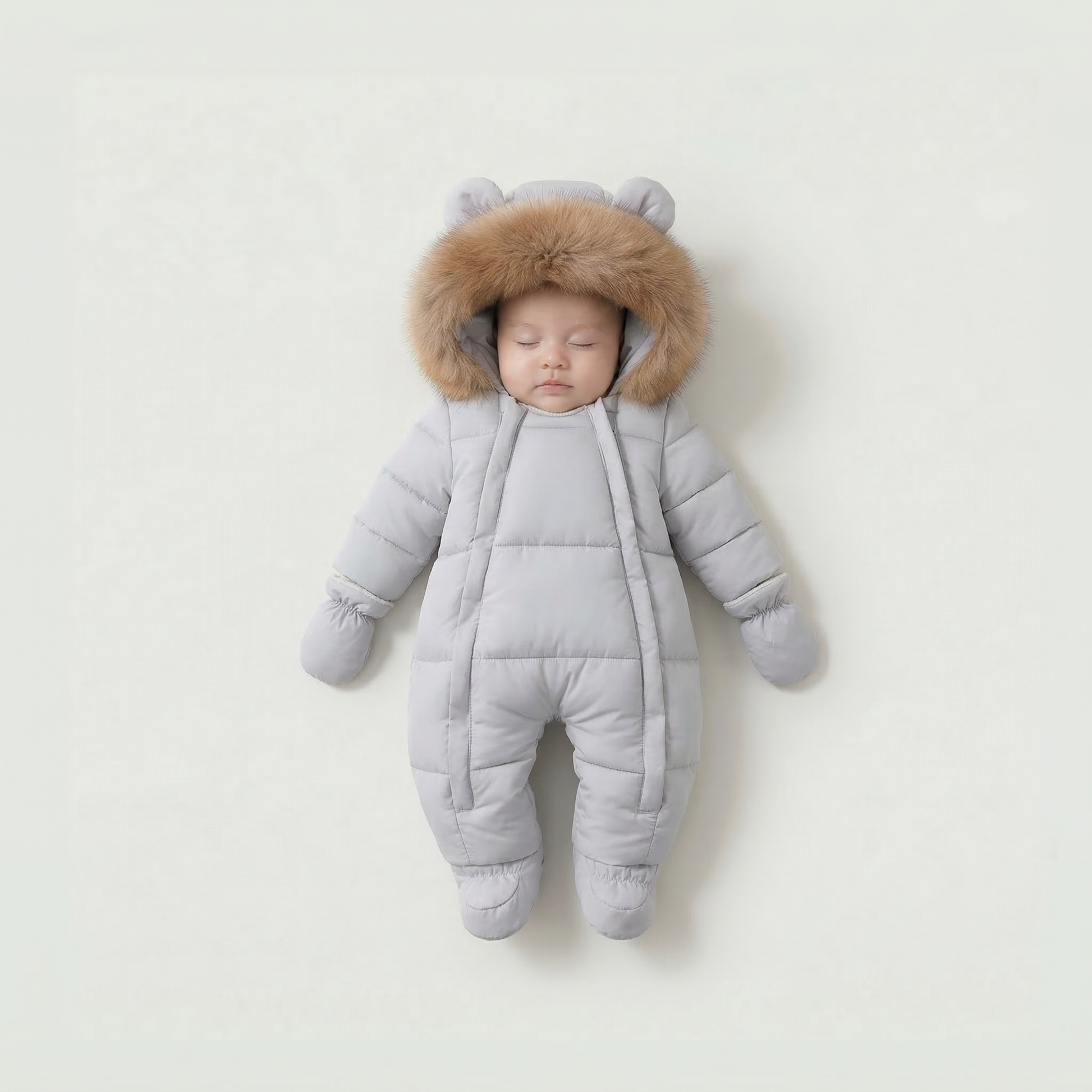 Baby in a gray puffer snowsuit with fur hood on a light gray background