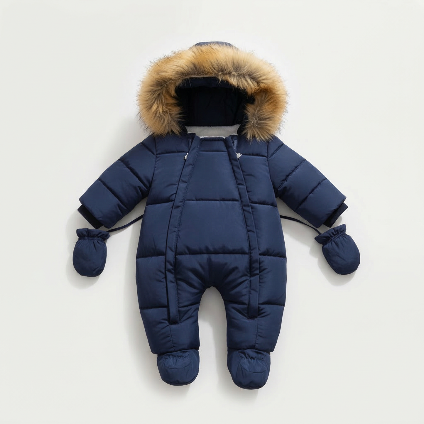 Blue baby snowsuit with fur hood on a light gray background