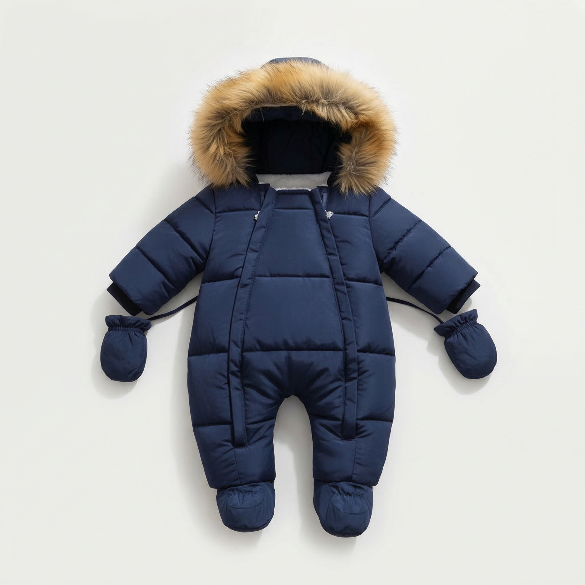 Blue baby snowsuit with fur hood on a light gray background