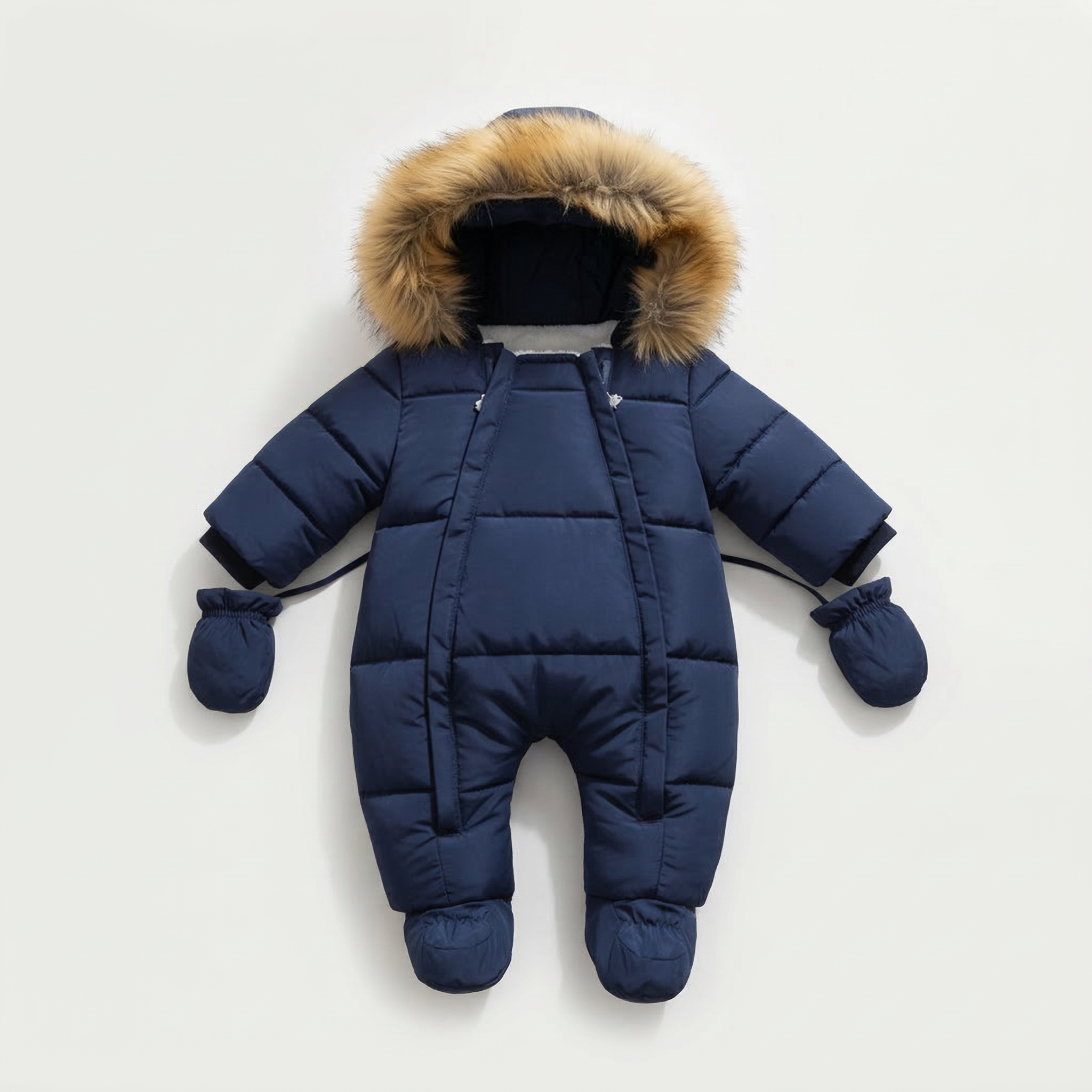 Blue baby snowsuit with fur hood on a light gray background