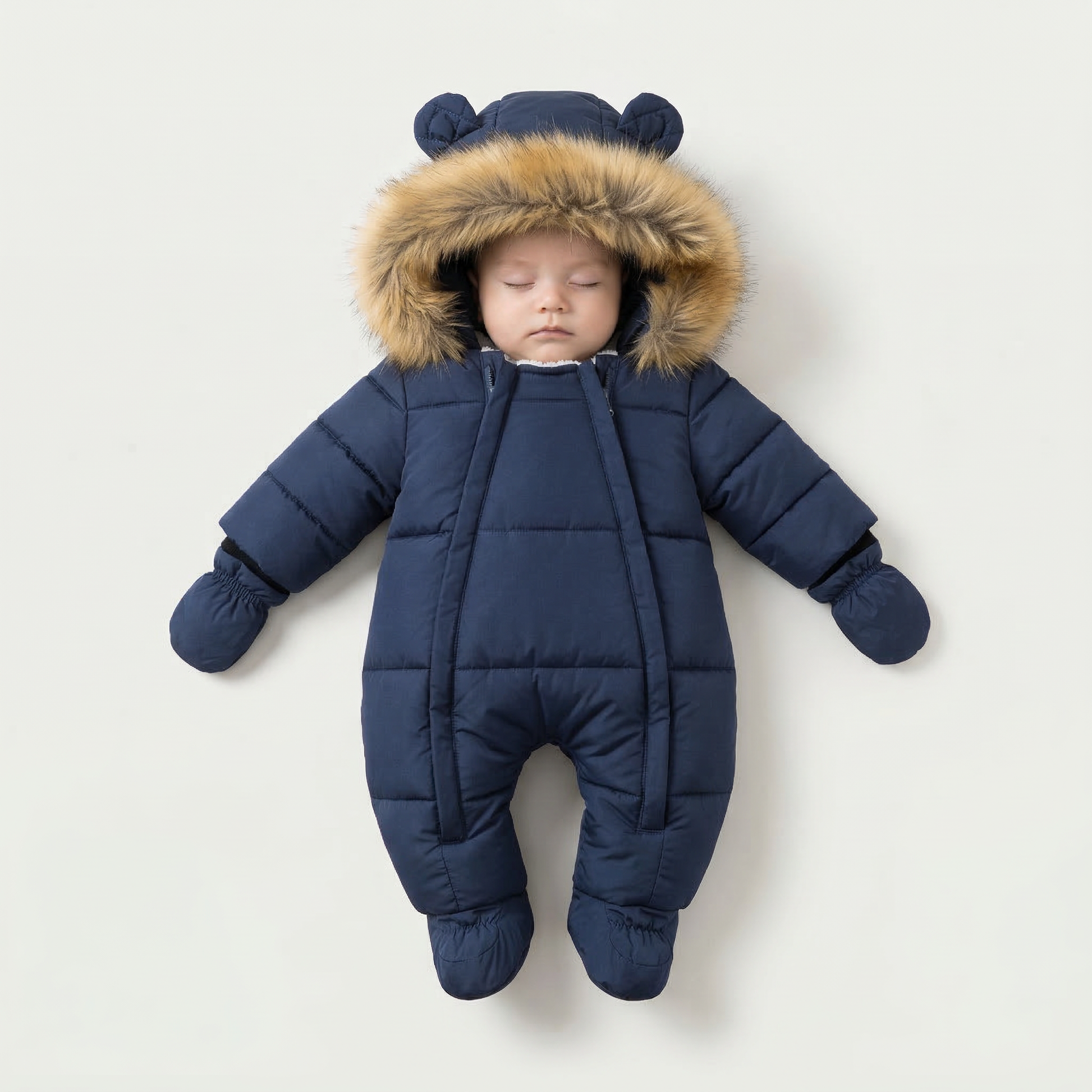 Baby in a navy blue snowsuit with fur hood on a white background