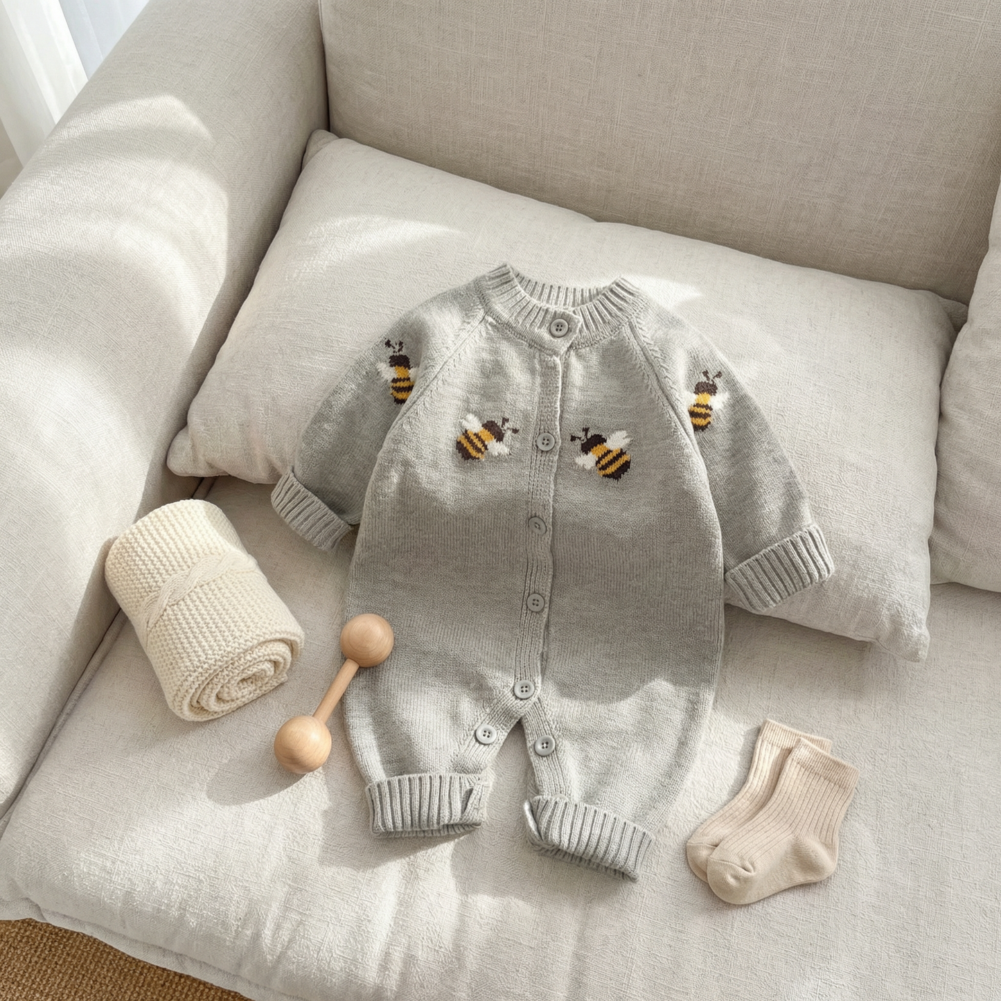 Grey Bee Knit Baby Romper