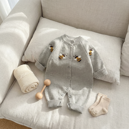 Grey Bee Knit Baby Romper