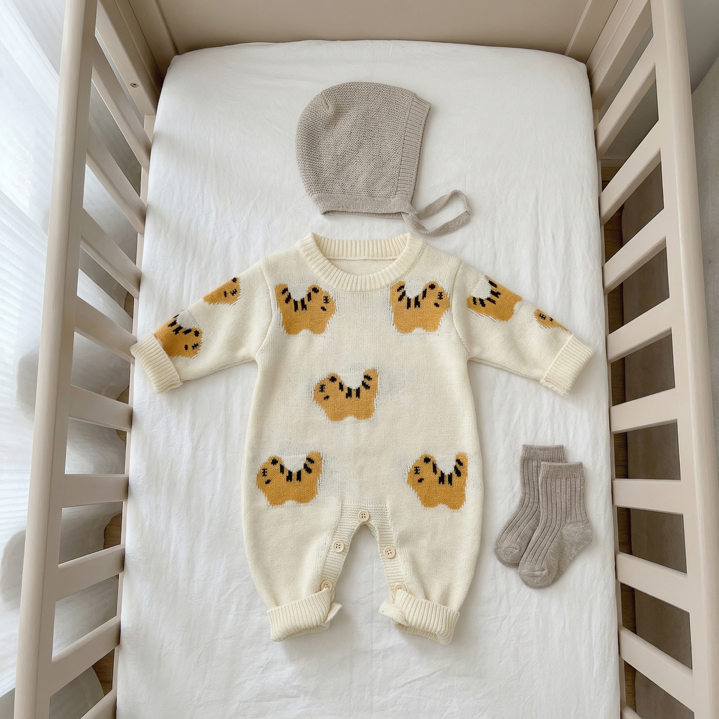 Cream Tiger Knit Baby Romper