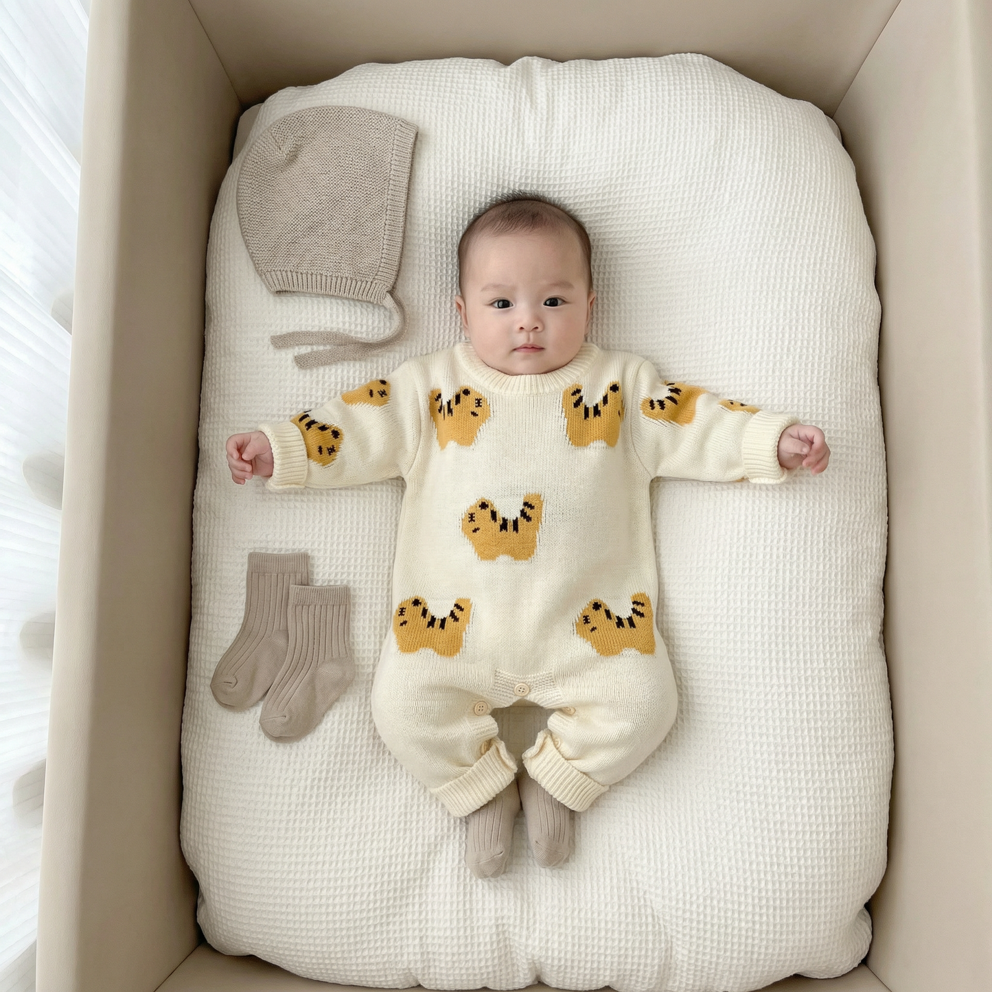 Cream Tiger Knit Baby Romper