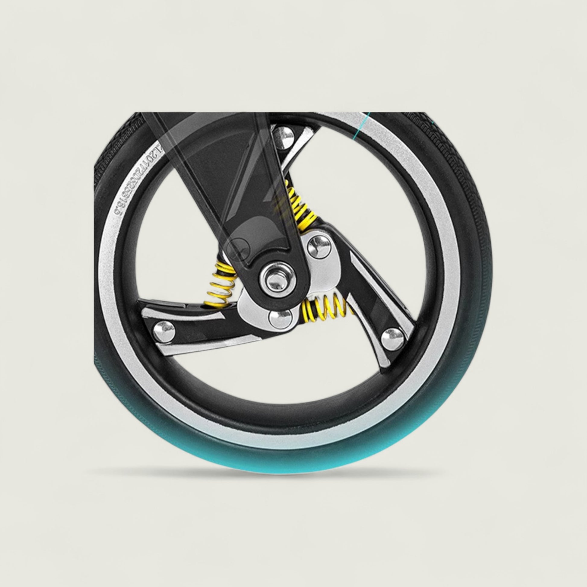 Close-up of a motorcycle wheel with suspension on a light gray background