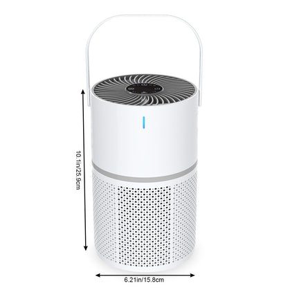 White air purifier with dimensions indicated on a white background