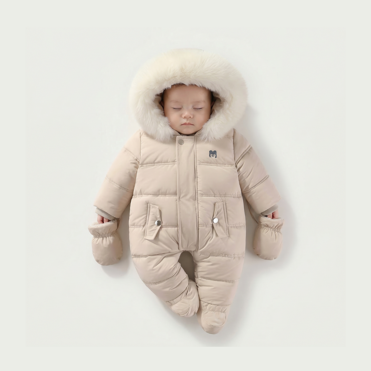Baby in a beige snowsuit with fur hood on a light gray background