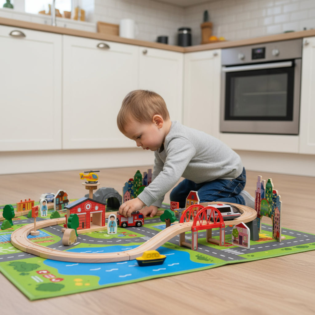 Child playing with a toy train set on a mat in a kitchen