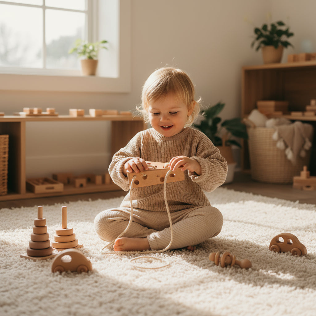 Child playing with wooden toys in a room with shelves and plants