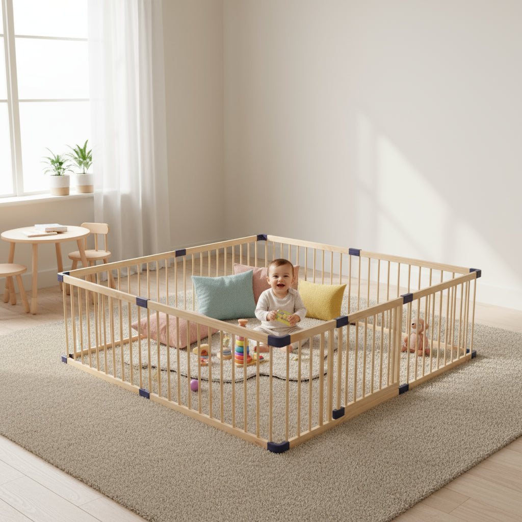 Child playing inside a wooden playpen in a room with a table and plants.
