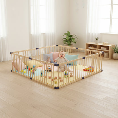 Child playing inside a wooden playpen with toys in a room with light-colored walls and flooring.