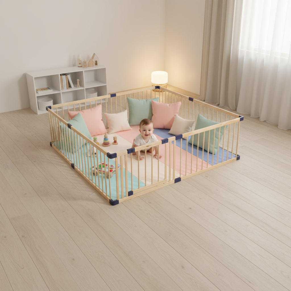 Child playing inside a colorful playpen with soft toys on a wooden floor.