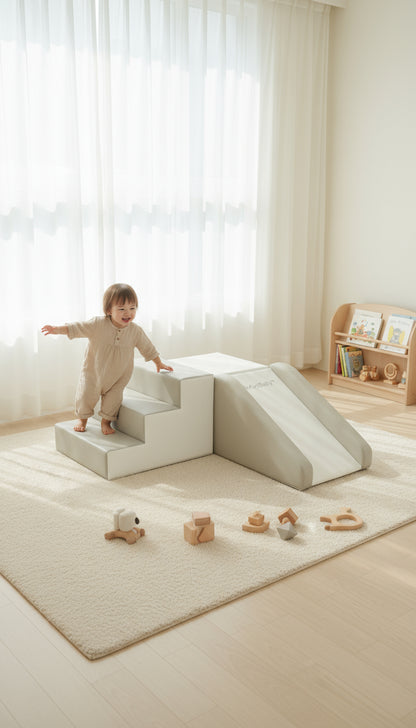 Child playing on a set of white steps with a slide in a bright room.