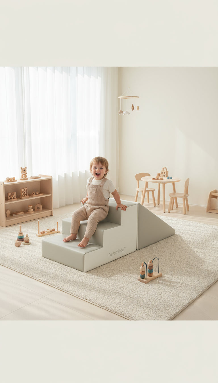 Child playing on a gray step stool in a bright, minimalistic room.