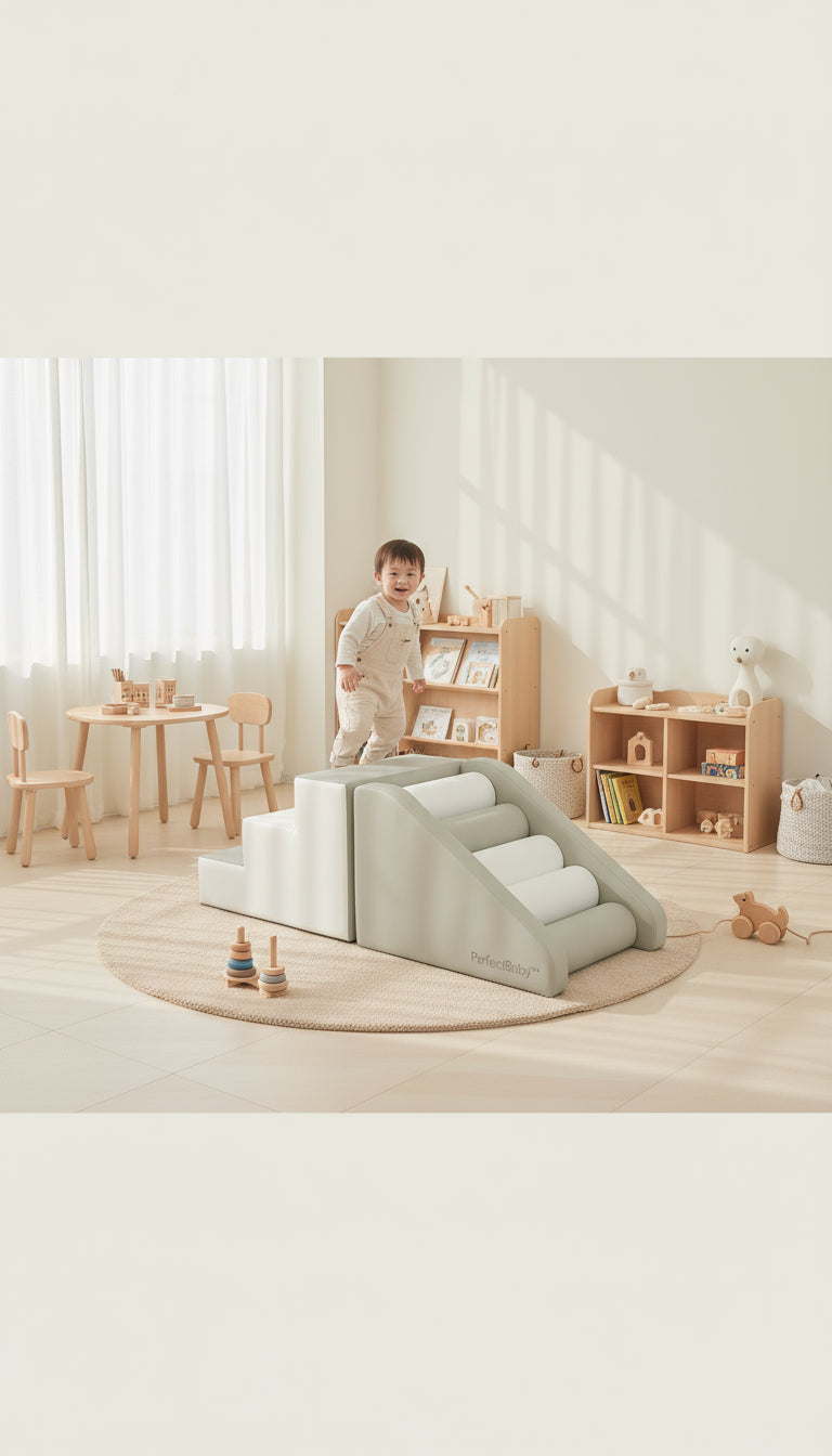 Child playing with a wedge-shaped foam toy in a bright, minimalistic room.
