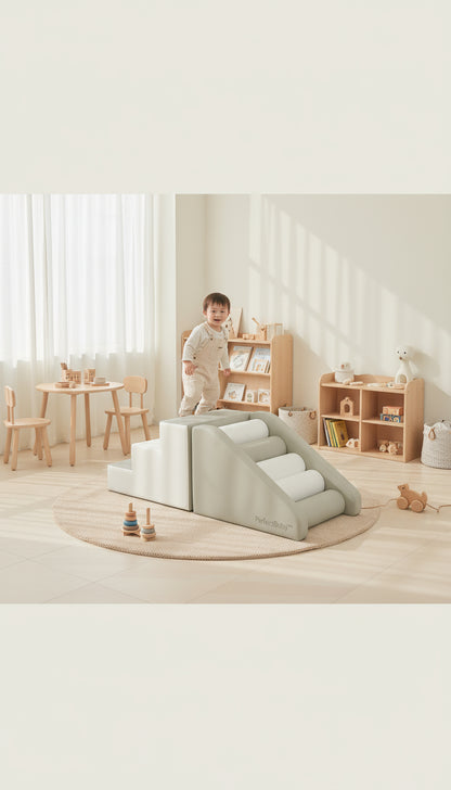 Child playing with a wedge-shaped foam toy in a bright, minimalistic room.