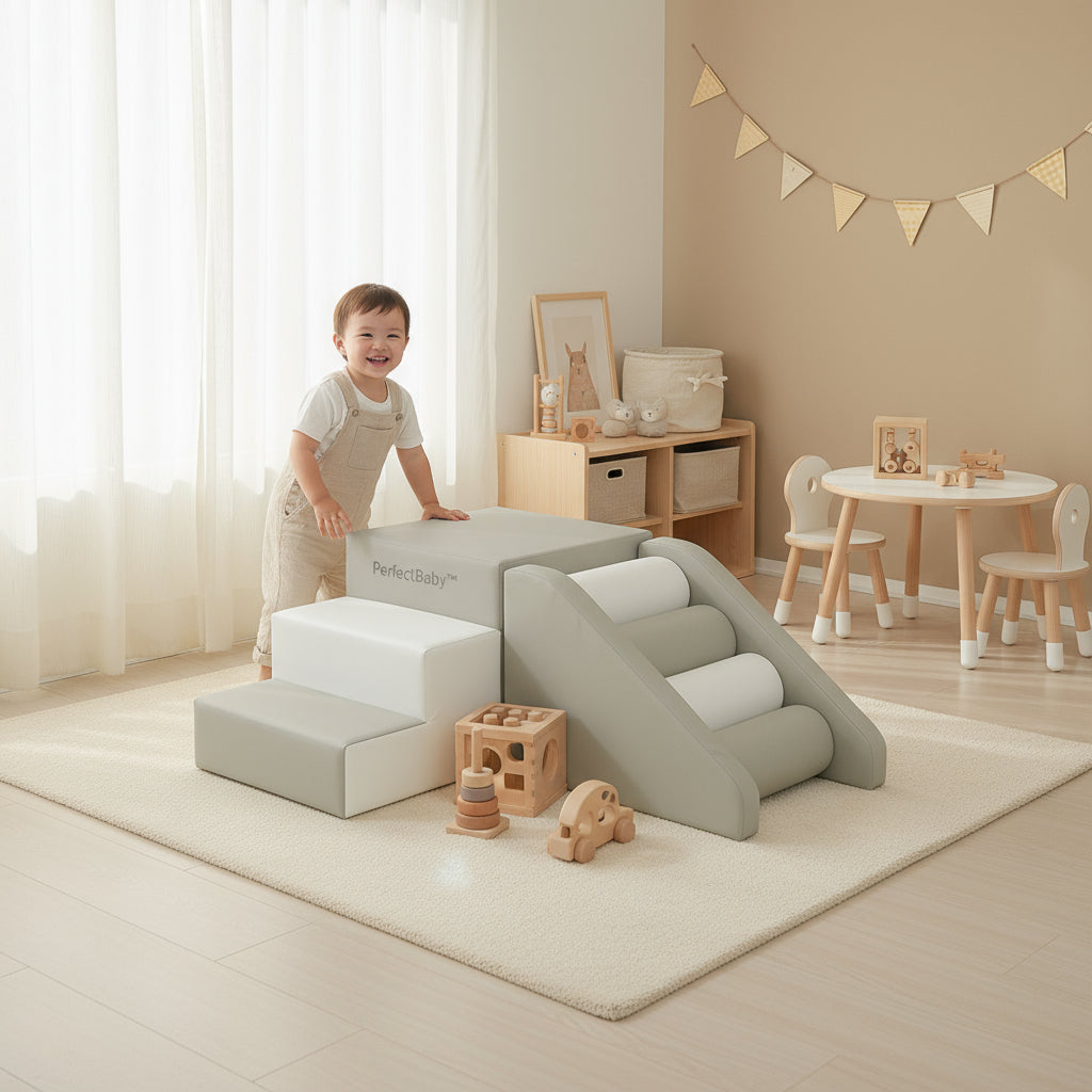 Child playing with a beige play structure in a bright, well-decorated room.