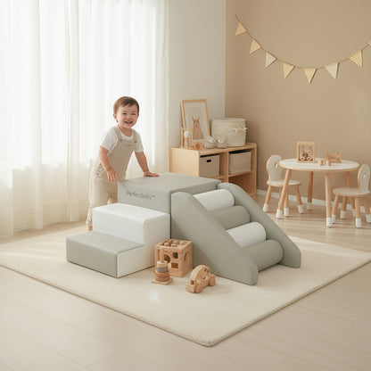 Child playing with a beige play structure in a bright, well-decorated room.