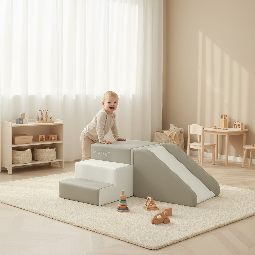 Child playing with a soft play structure in a bright, minimalistic room.
