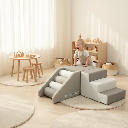 Child playing on a soft play structure in a bright, minimalistic room.