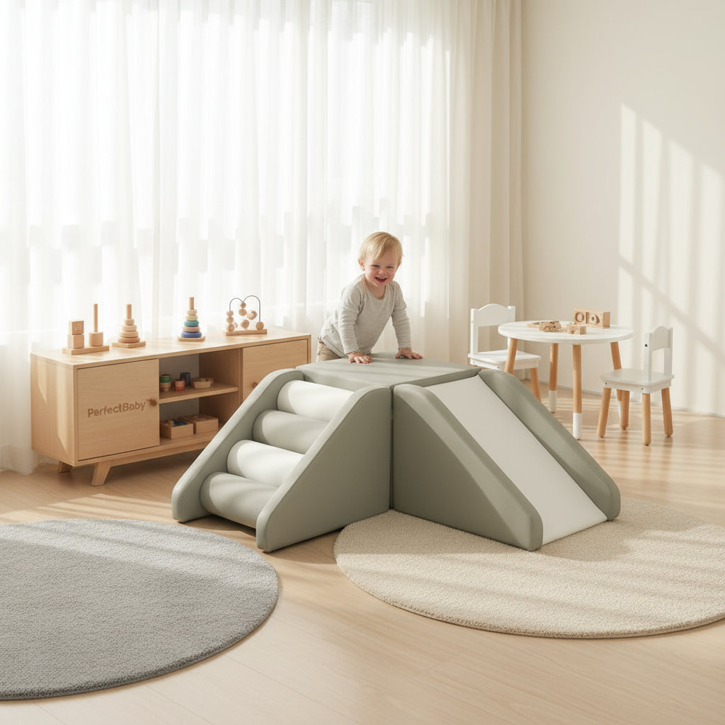 Child playing on a soft play structure in a bright, minimalistic room.