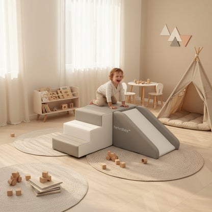 Child playing on a soft play structure in a room with toys and furniture.