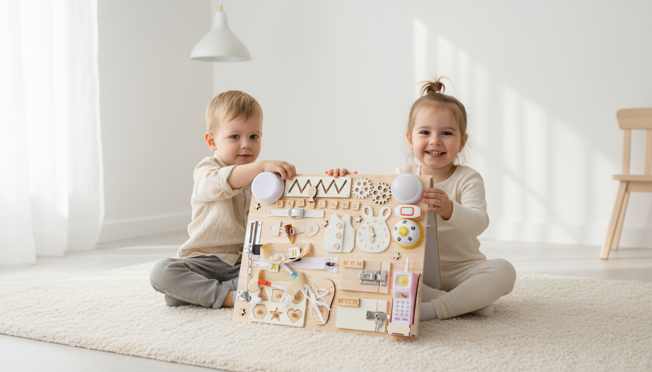 Two children playing with a wooden toy in a bright room.