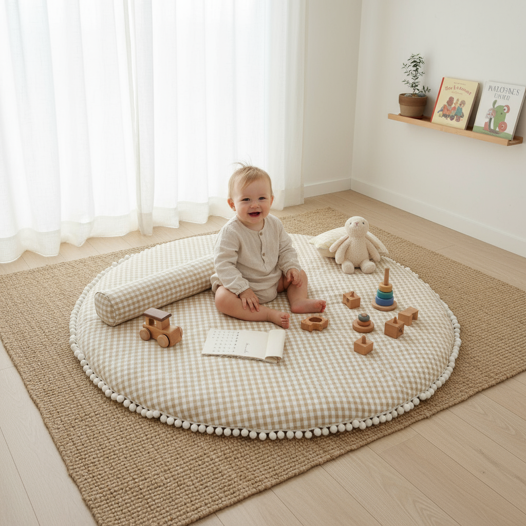 Baby sitting on a round cushion with toys in a room with white curtains and a shelf.