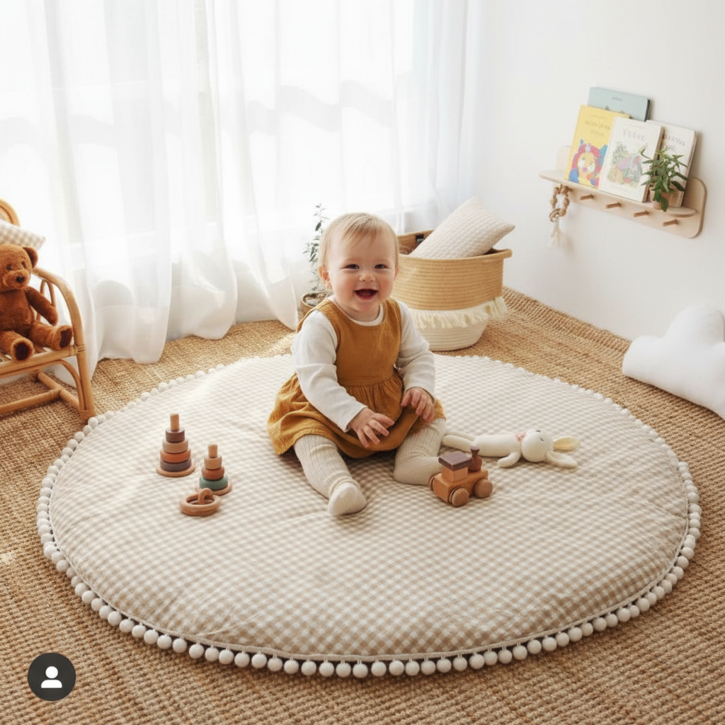 Child sitting on a round beige rug with toys in a room with white curtains and wooden furniture.