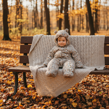 Child in a patterned outfit sitting on a bench with a blanket in an autumn forest.