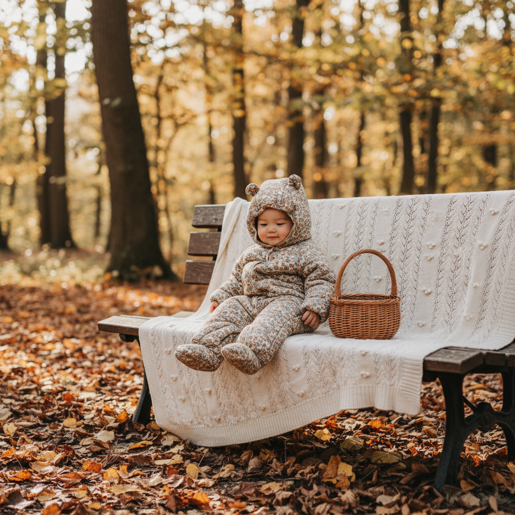 Child in a cozy outfit sitting on a bench in an autumn forest