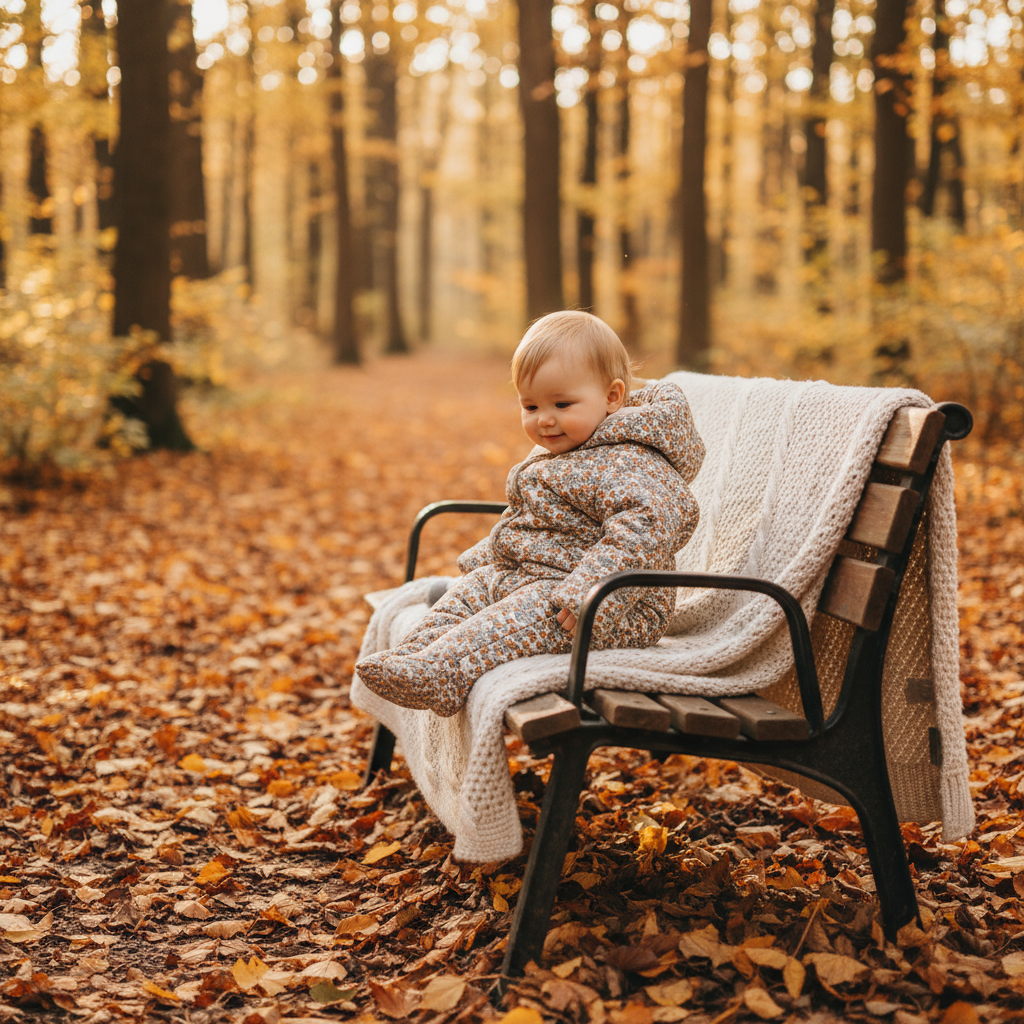 Child sitting on a bench in a forest during autumn with fallen leaves and warm lighting.