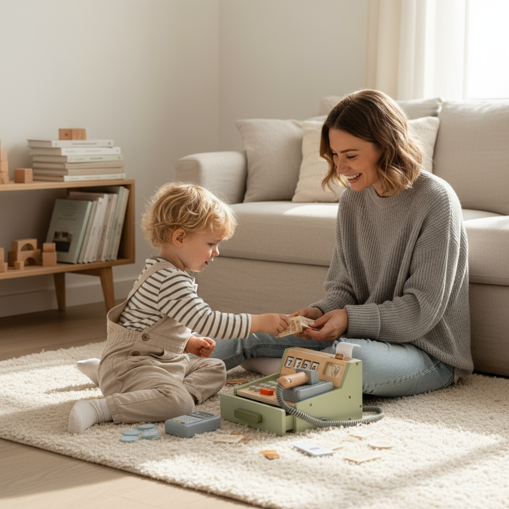 Woman and child playing with toys on a rug in a living room.