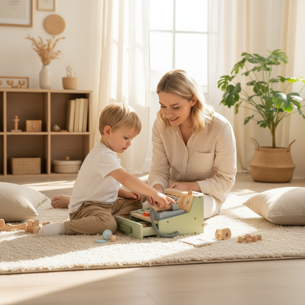 Woman and child playing together with toys on a rug in a bright room.