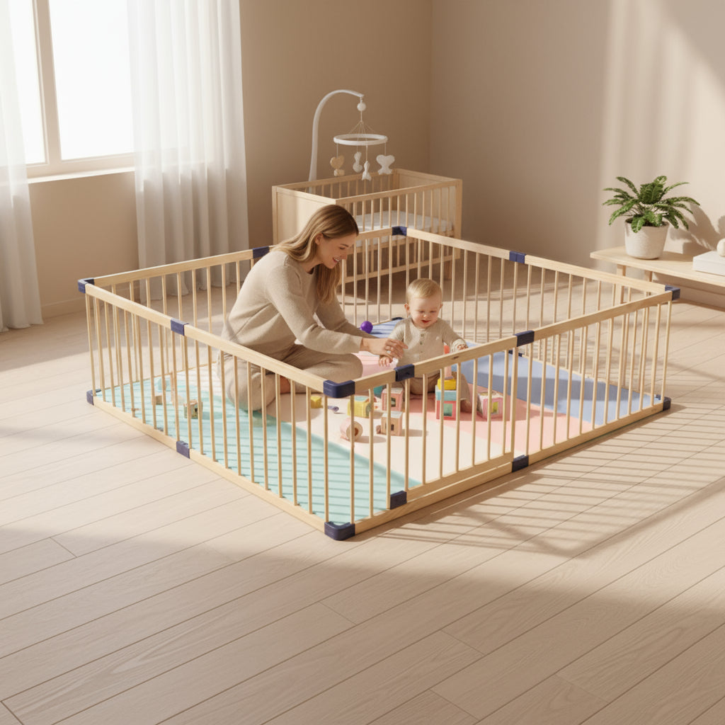 Woman and child playing inside a wooden playpen in a room with a crib and toys.