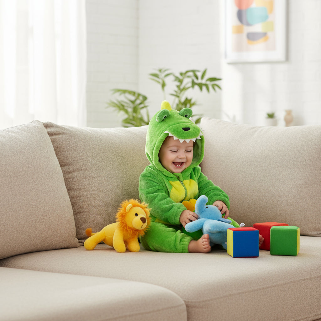 Child in a green dinosaur costume playing with toys on a couch in a bright living room.