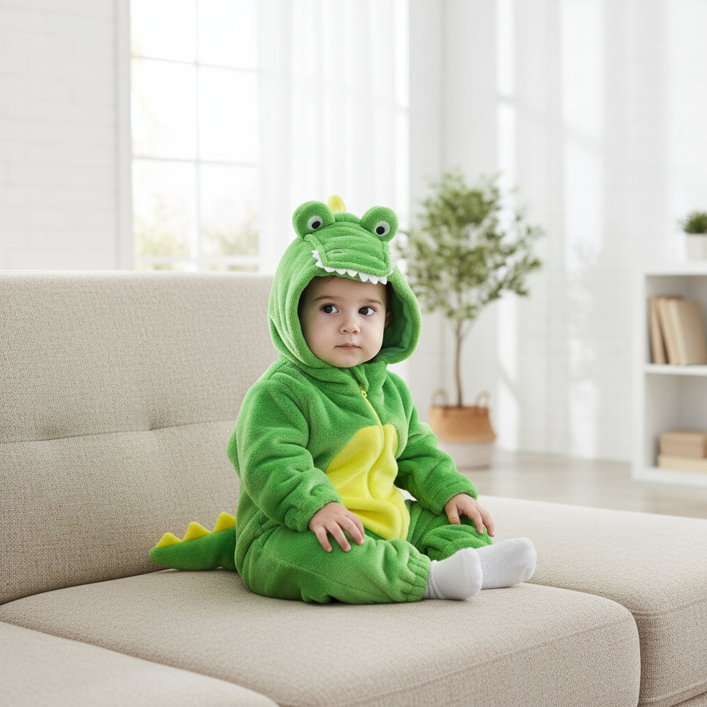 Child wearing a green dinosaur onesie sitting on a couch in a bright room.