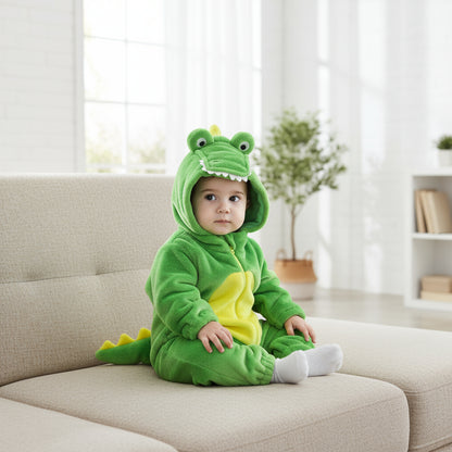 Child wearing a green dinosaur onesie sitting on a couch in a bright room.