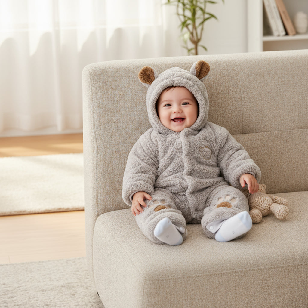 Baby in a bear-themed onesie sitting on a couch in a bright room.