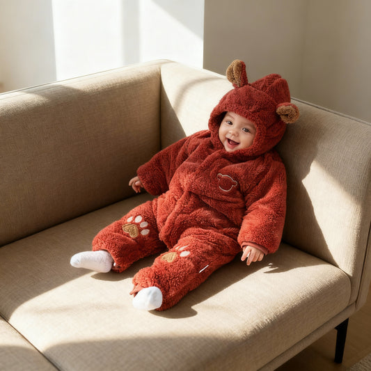 Baby in a red fluffy onesie with bear ears sitting on a beige couch.