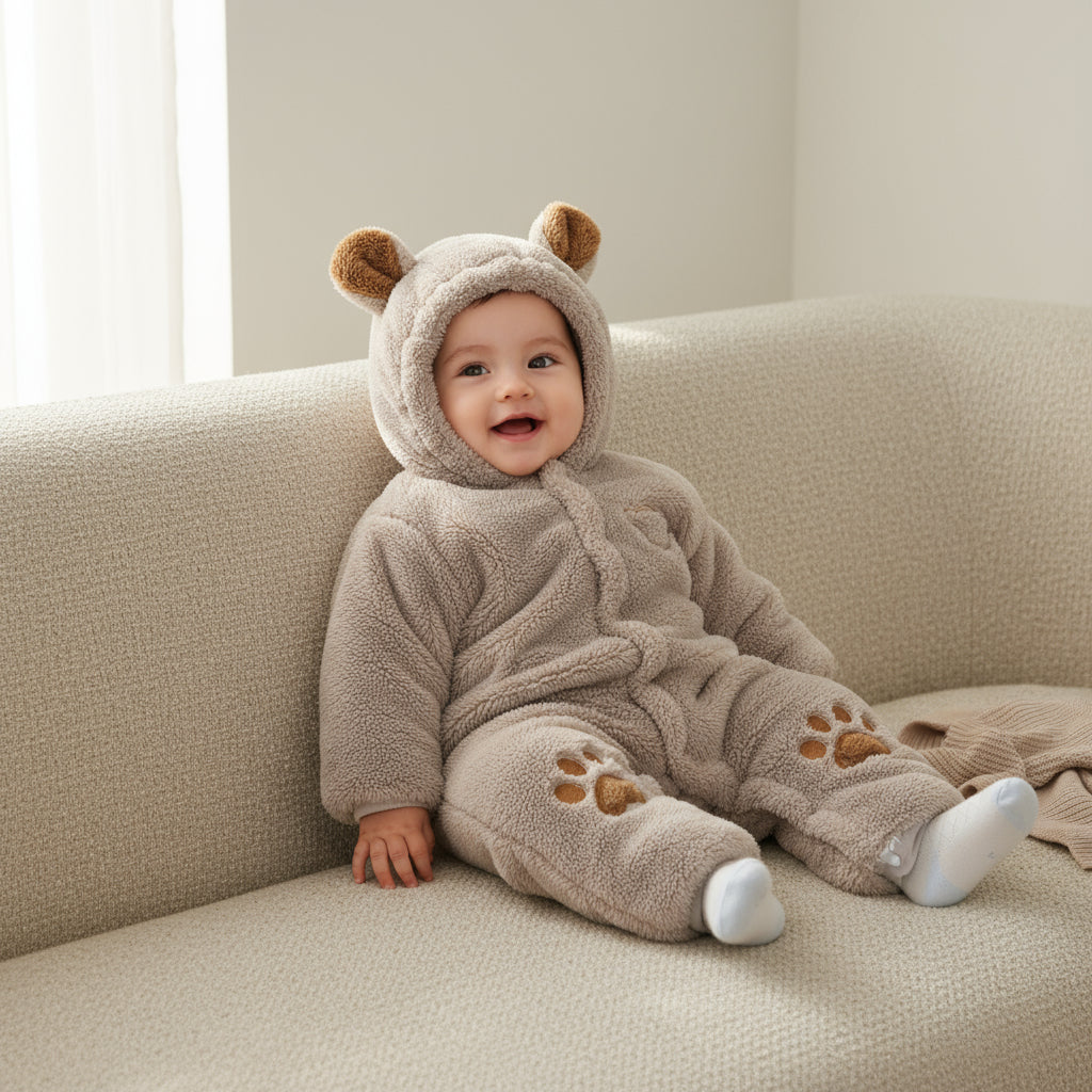 Baby in a bear-themed onesie sitting on a couch.