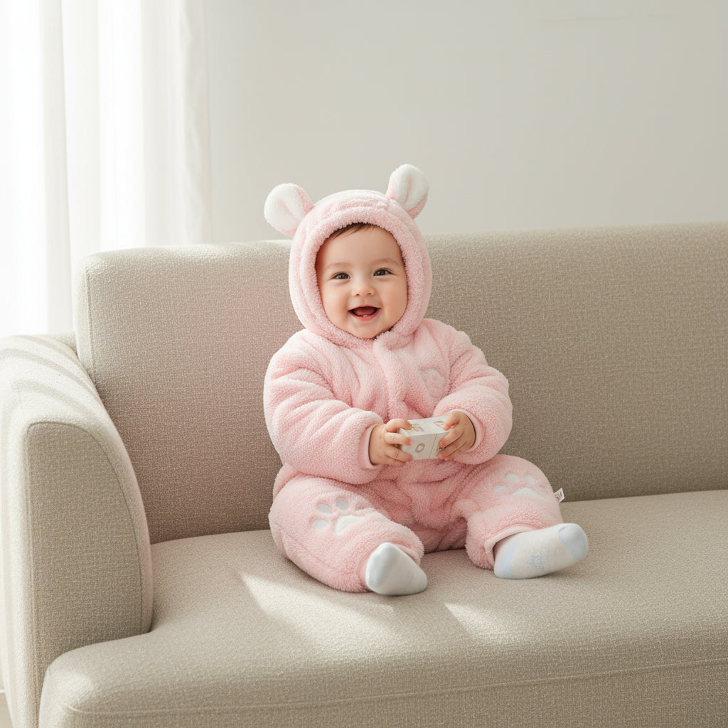 Baby in a pink bear onesie sitting on a couch