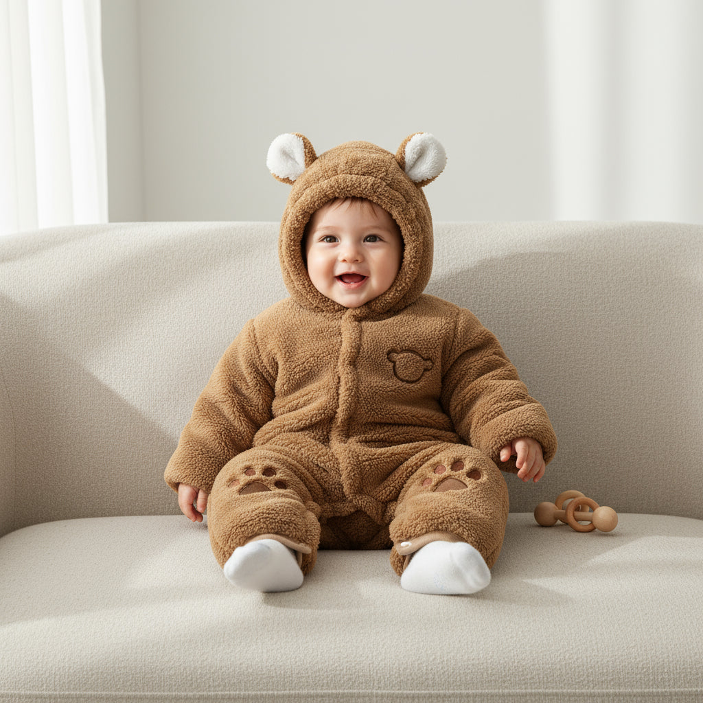 Baby in a brown bear onesie sitting on a couch with a blurred background
