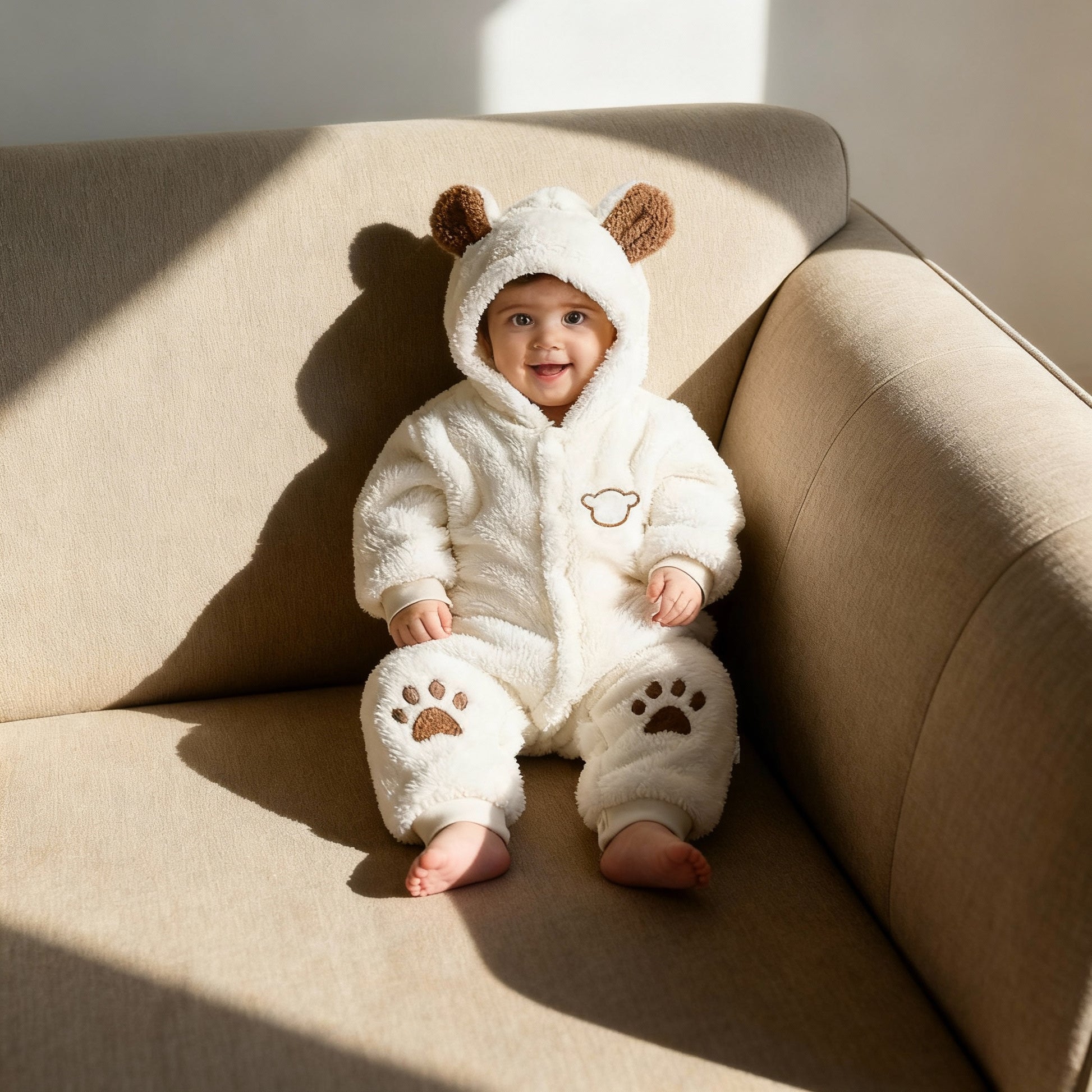 Baby in a white bear onesie sitting on a beige couch.