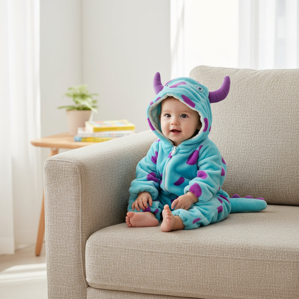 Baby in a blue monster onesie sitting on a beige couch.