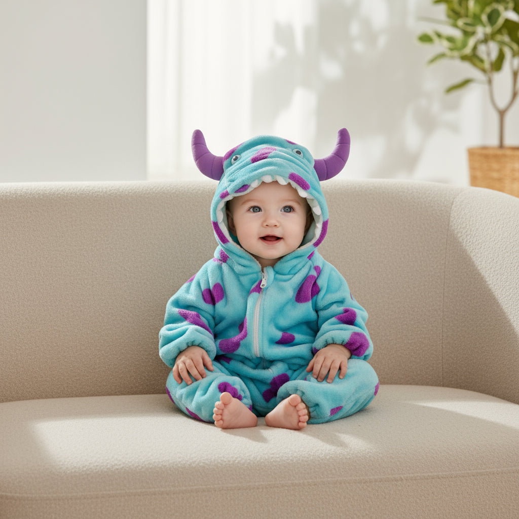 Baby in a blue and purple monster onesie sitting on a couch.